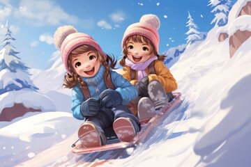 Fototapeta na wymiar beautiful little children on the snow in winter having fun, AI Generated