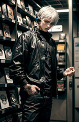 an asian man in a black parachute jacket posing very manly in a book store