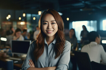 Portrait of Beautiful Asian Manager Using Desktop Computer Night light, Corporate Office, Analysing Statistics, Commerce Data, Marketing Plans.