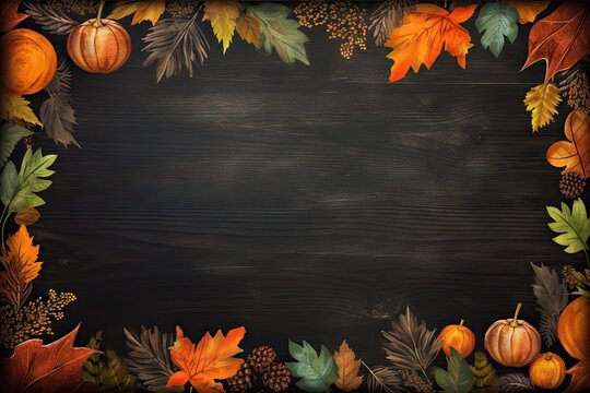 Autumn frame with cute colorful leaves and pumpkins. Thanksgiving and Harvest day trendy dark background with beautiful leaves. Fall leaf border with copy space