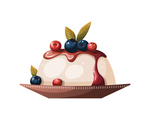 Panna cotta, Italian cake with berries. Italian dessert, sweet food, bakery, cooking, recipes, restaurant menu concept. Vector illustration.