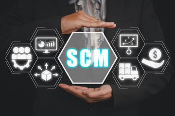 SCM, Supply Chain Management concept, Business person hand holding Supply Chain Managemen icon on virtual screen background, plan, distribution, procurement, and profit