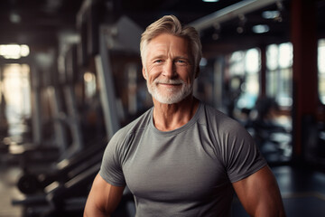 Ageless muscular fit old man with grey hair energetic in the gym during workout in front of treadmills, smiling healthy and happy