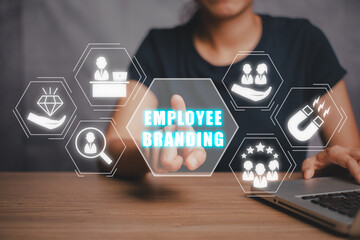 Employer branding concept, Person hand touching employer branding icon on virtual screen.
