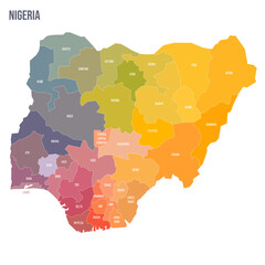 Nigeria political map of administrative divisions - states and federal capital territory. Colorful spectrum political map with labels and country name.
