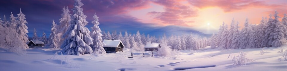 Banner with winter panorama landscape. House, forest, trees covered snow. Sunrise, winterly morning of a new day. Purple landscape with sunset. Happy New Year and Christmas concept