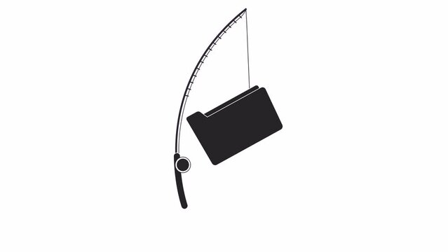 Fishing rod catching computer folder bw outline 2D object animation. Stealing personal information threat monochrome linear cartoon 4K video. Theft phishing animated item isolated on white background