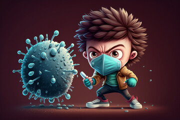 Cartoon boy fighting vs virus bacteria and viruses illustration generative ai