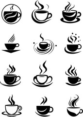 Set of abstract  cups with coffee and other drinks, isolated on white background for design, logo