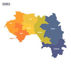Guinea political map of administrative divisions - regions. Colorful spectrum political map with labels and country name.