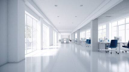 Naklejka na ściany i meble Blur focus of White open space office interior, background modren office Day light