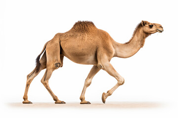 a camel walking across a white surface