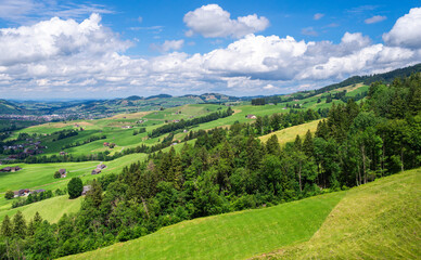 A view at the beautiful Swiss mountain landscape of Appenzell, view from Hoher Kasten cable car