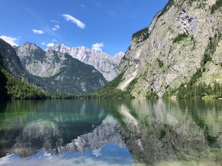 Lake Obersee, Berchtesgaden, Bavaria, germany. Nature landscape, reserve national park. Spectacular view Alps mountain and Lake Obersee. Konigsee panorama