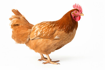 a chicken with a red comb standing on a white surface