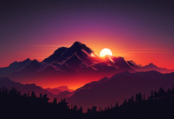 Fantasy landscape with mountains at sunset. 3d render illustration. generative ai