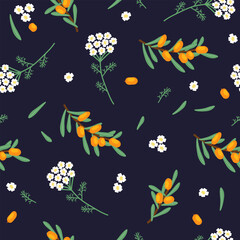 Vector seamless floral pattern with sea buckthorn plant and yarrow flowers - 645246746