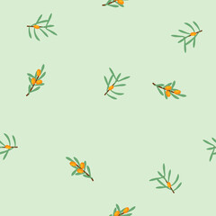 Vector seamless floral pattern with branches and sea buckthorn berries - 645246771