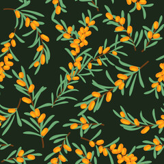 Vector seamless floral pattern with branches and sea buckthorn berries - 645246772