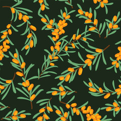 Vector seamless floral pattern with branches and sea buckthorn berries - 645246781