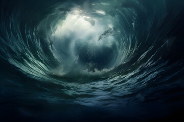 Underwater view of big ocean wave.