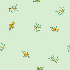 Vector seamless floral pattern with branches and sea buckthorn berries - 645246792