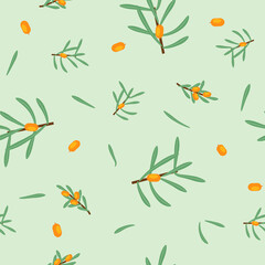 Vector seamless floral pattern with branches and sea buckthorn berries - 645246796
