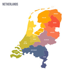 Netherlands political map of administrative divisions - provinces. Colorful spectrum political map with labels and country name.