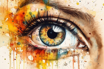 Beautiful woman's eye with watercolor splashes on white background. generative ai
