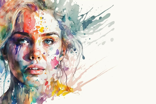 Portrait of young woman with colorful watercolor splashes on white background space for text generative ai