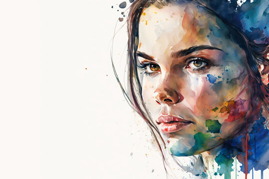 Portrait of young woman with colorful watercolor splashes on white background space for text generative ai
