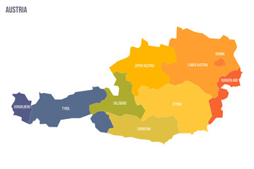 Austria political map of administrative divisions - federal states. Colorful spectrum political map with labels and country name. - obrazy, fototapety, plakaty