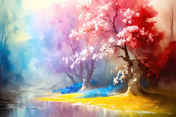 Watercolor landscape art with  multicolored forest, trees with colorful leaves, artistic vision of autumn.