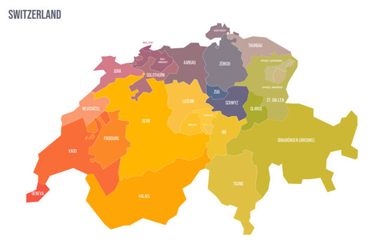 Switzerland political map of administrative divisions - cantons. Colorful spectrum political map with labels and country name.