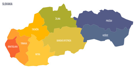 Slovakia political map of administrative divisions - regions. Colorful spectrum political map with labels and country name.
