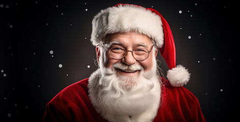 Handsome beard senior elderly Santa Claus smiling at camera in snowfall making wish happy Christmas time