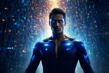 Powerful male superhero in blue suit with led lights. Binary code like background.