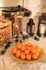 Ripe tangerines and tea served for Chinese New Year celebration
