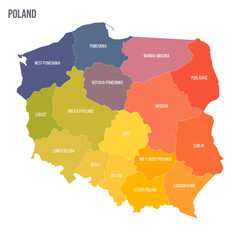 Poland political map of administrative divisions - voivodeships. Colorful spectrum political map with labels and country name.