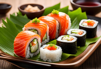 A plate of sushi with sauce and vegetables