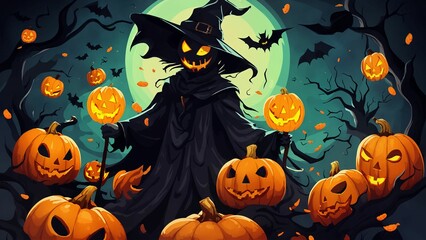 Halloween background with pumpkins, bats and witch. Illustration