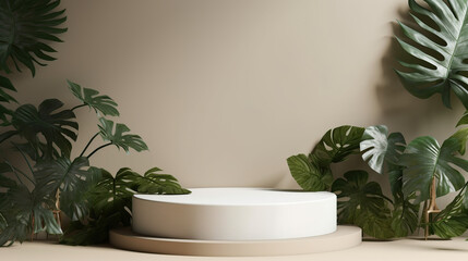 Background, Round cylinder podium for products or cosmetics against background with leaves shadows