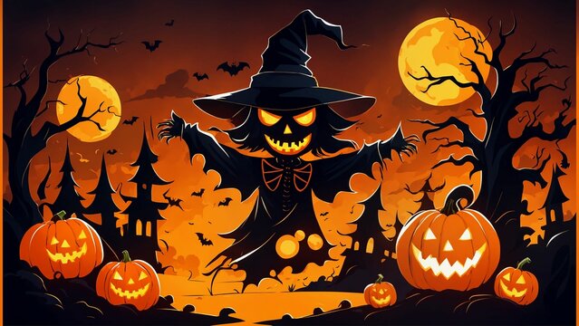 Halloween background with pumpkins, bats and witch. Illustration