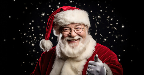 Photo of delighted happy cheerful Santa CLaus wearing red costumes and hat smiling showing thumb up at camera happy Christmas time
