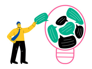Businessman  discover solution, Ideation, brainstorming to gather new idea. Flat vector illustration isolated on white background