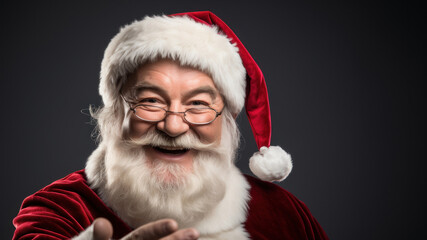 Photo of elderly cheerful beard Santa Claus over dark background in studio