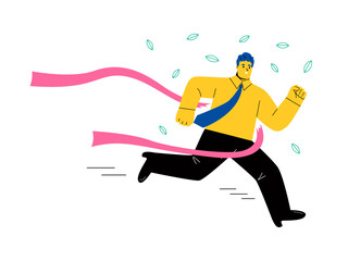Finish. Business man tearing finish line tape. Flat vector illustration isolated on white background