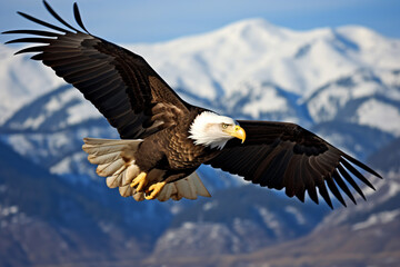 Fototapeta premium a bald eagle flying in front of a mountain range