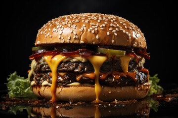 Tasty burger with lettuce, tomato, cheesse and sesame seed bun on black background