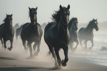 Horses on the beach in the mist at sunrise. generative ai